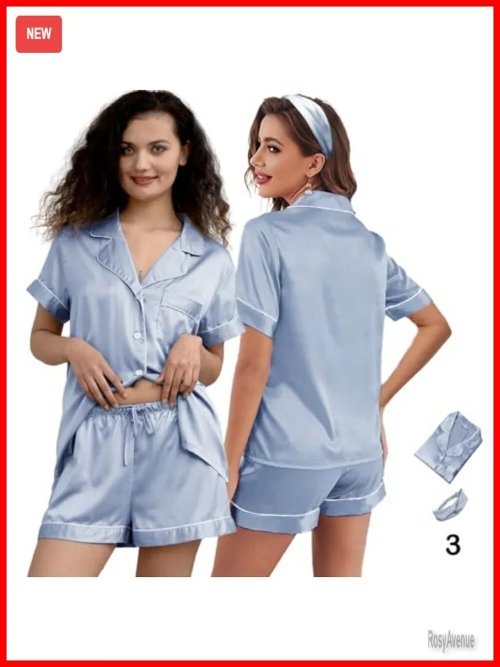 3pc Silk Satin Pajama Set Short Sleeve Lounge Sleepwear